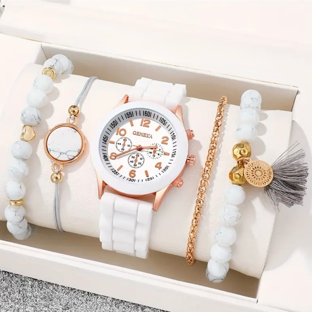 Geneva White watch + Boho Stone Bracelet Set Matching Trendy Chic Everyday Style